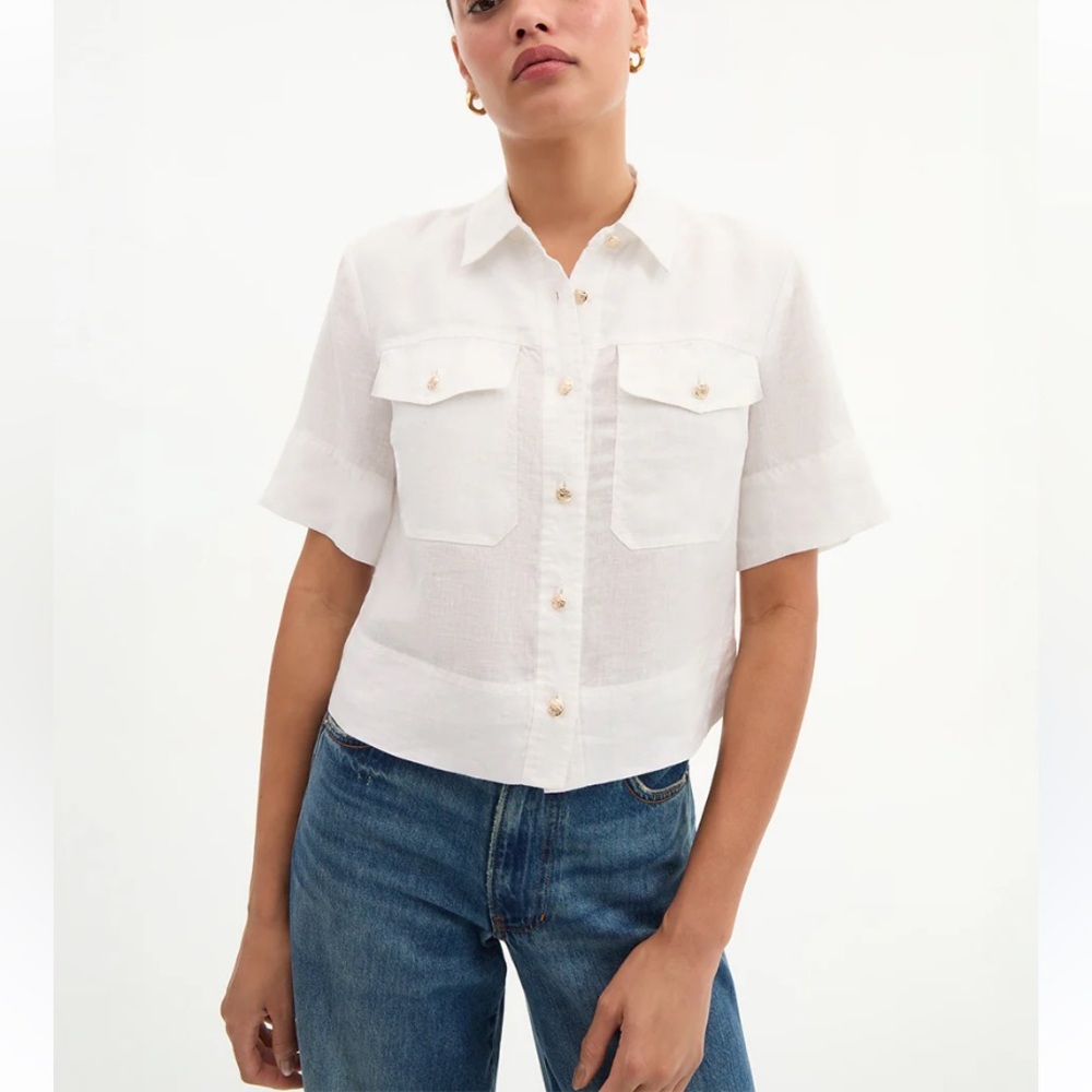 VERONICA BEARD Top NEW Spruce Linen Short Sleeve Button Front White Size 2